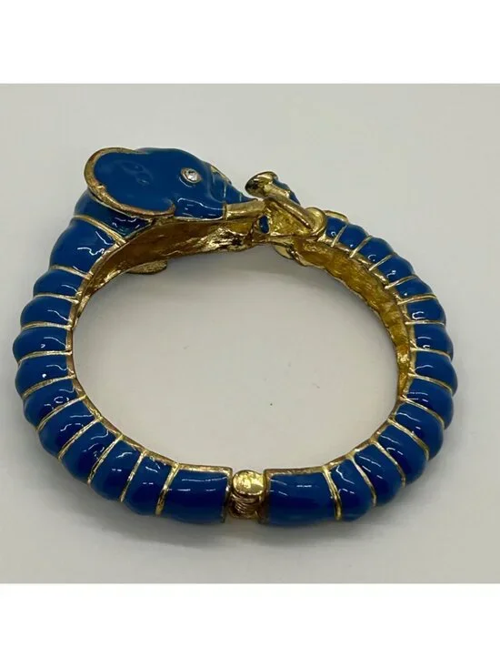 Vintage Enamel Gold-Tone Hinged Teal Blue Elephant Clamper Bangle Bracelet Rhine - Picture 9 of 11